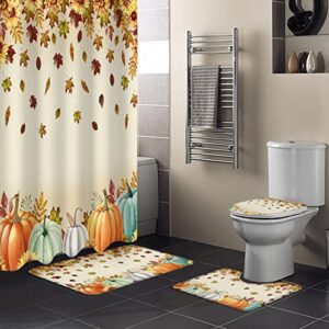 Fall Pumpkin Leaves Bathroom Set with Shower Curtain and Rug Accessories -36x72 Inches Long Stall Curtain with Large Bath Mat,Bathtub Floor Runner Rug Set,Hooks Autumn Thanksgiving Sunflower Holiday