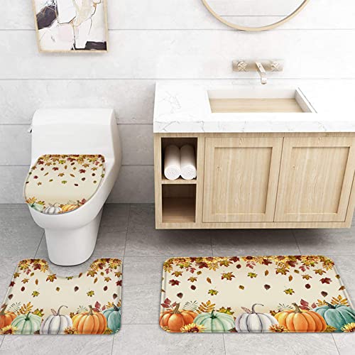 Fall Pumpkin Leaves Bathroom Set with Shower Curtain and Rug Accessories -36x72 Inches Long Stall Curtain with Large Bath Mat,Bathtub Floor Runner Rug Set,Hooks Autumn Thanksgiving Sunflower Holiday