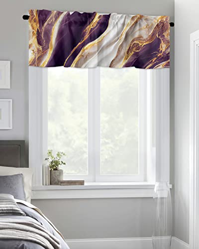 Window Curtain Valances for Kitchen Windows,Purple Gold White Marble Texture Rod Pocket Short Window Valance Natural Cracks Granite Stone Cafe Treatment Valance for Living Room/Bathroom/Bedroom