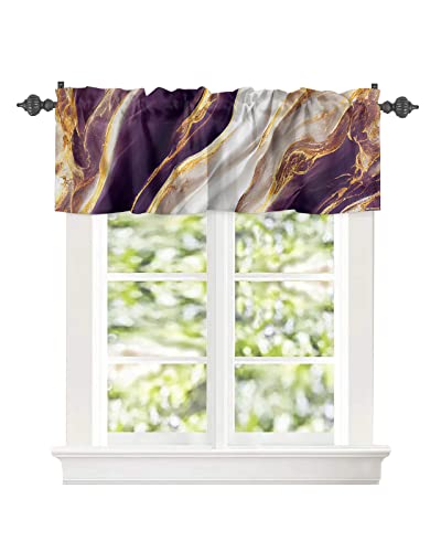 Window Curtain Valances for Kitchen Windows,Purple Gold White Marble Texture Rod Pocket Short Window Valance Natural Cracks Granite Stone Cafe Treatment Valance for Living Room/Bathroom/Bedroom