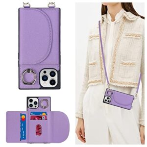 lipvina for iphone 13 pro max & iphone 12 pro max crossbody wallet case with credit card holder,lanyard strap,360°rotating ring kickstand,flip pu leather girl's phone casas for women lady(purple)