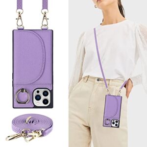 Lipvina for iPhone 13 Pro Max & iPhone 12 Pro Max Crossbody Wallet Case with Credit Card Holder,Lanyard Strap,360°Rotating Ring Kickstand,Flip PU Leather Girl's Phone Casas for Women Lady(Purple)
