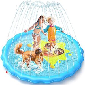 qpau non-slip splash pad for kids and dog | 0.4 mm thickened sprinkler pool water play mat for summer and outdoor | fun backyard water toy fountain mat for baby girls boys or pet dog (67"), blue