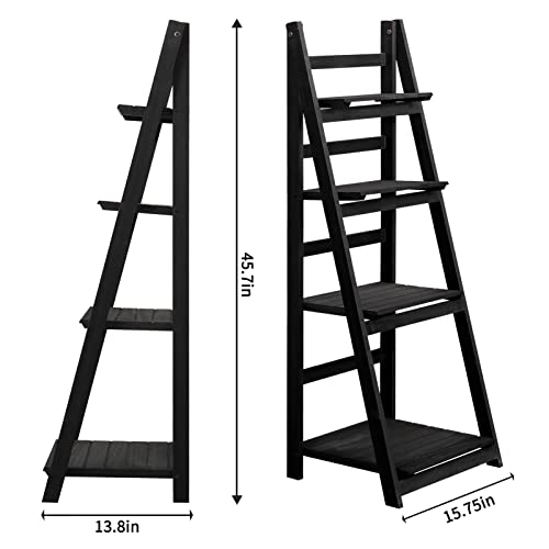 Babion Ladder Shelf, 4-Tier Ladder Bookshelf, Black Bookcase with Shelves, Storage Rack Plant Stand for Home, Bedroom, Bathroom,Office, 16 x 14 x 46 Inch, Industrial Style, Wood Frame