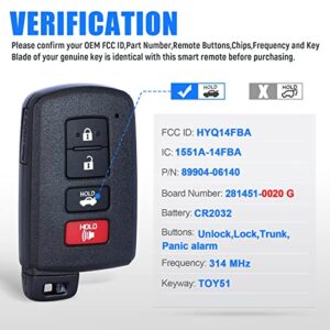 Keymall Keyless Entry Smart Prox Remote Key Fob Replacement for Toyota Avalon Camry Corolla 2013-2018 4 Buttons(281451-0020 G Board FCC ID:HYQ14FBA PN:89904-06140)