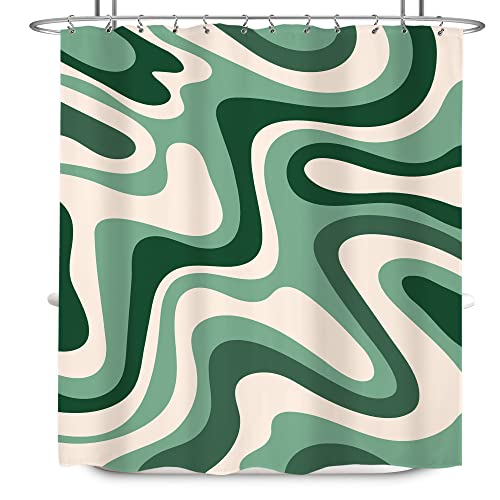 LIGHTINHOME Aesthetic 70S Shower Curtain 60Wx72H Inches Green Y2K Abstract Waves Swirl Cute Retro Boho Groovy Bathroom Decor Shower Accessories Cloth Fabric Waterproof Polyester Set with Hooks