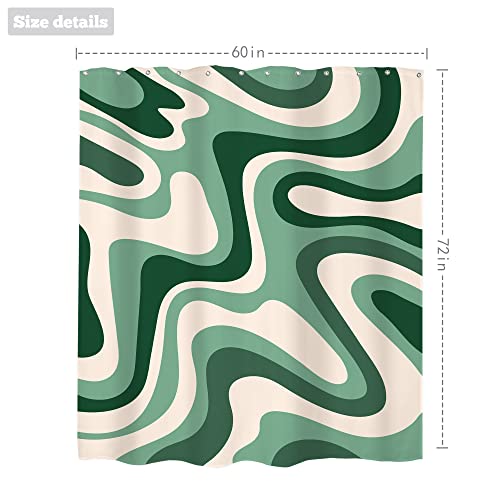 LIGHTINHOME Aesthetic 70S Shower Curtain 60Wx72H Inches Green Y2K Abstract Waves Swirl Cute Retro Boho Groovy Bathroom Decor Shower Accessories Cloth Fabric Waterproof Polyester Set with Hooks