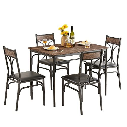 VECELO 5 Piece Kitchen Table Room,Dinette,Breakfast Nook,Industrial Style, Dining Set for 4, Retro Brown