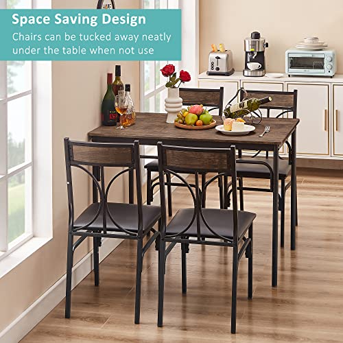 VECELO 5 Piece Kitchen Table Room,Dinette,Breakfast Nook,Industrial Style, Dining Set for 4, Retro Brown