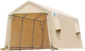 advance outdoor 10x15 ft shelter storage shed steel metal peak roof anti-snow portable garage carports for motorcycle, boat or garden tools with 2 roll up doors & vents, beige, (8807by-2)