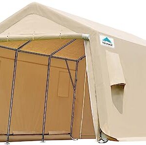 ADVANCE OUTDOOR 10x15 ft Shelter Storage Shed Steel Metal Peak Roof Anti-Snow Portable Garage Carports for Motorcycle, Boat or Garden Tools with 2 Roll up Doors & Vents, Beige, (8807BY-2)