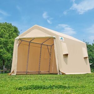 ADVANCE OUTDOOR 10x15 ft Shelter Storage Shed Steel Metal Peak Roof Anti-Snow Portable Garage Carports for Motorcycle, Boat or Garden Tools with 2 Roll up Doors & Vents, Beige, (8807BY-2)