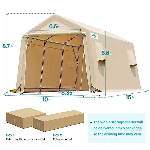 ADVANCE OUTDOOR 10x15 ft Shelter Storage Shed Steel Metal Peak Roof Anti-Snow Portable Garage Carports for Motorcycle, Boat or Garden Tools with 2 Roll up Doors & Vents, Beige, (8807BY-2)