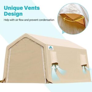 ADVANCE OUTDOOR 10x15 ft Shelter Storage Shed Steel Metal Peak Roof Anti-Snow Portable Garage Carports for Motorcycle, Boat or Garden Tools with 2 Roll up Doors & Vents, Beige, (8807BY-2)