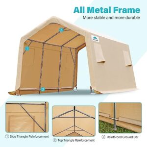 ADVANCE OUTDOOR 10x15 ft Shelter Storage Shed Steel Metal Peak Roof Anti-Snow Portable Garage Carports for Motorcycle, Boat or Garden Tools with 2 Roll up Doors & Vents, Beige, (8807BY-2)