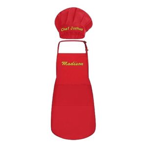 personalized apron with hat for men and women - custom apron with embroidered name - unisex red apron with pockets for kitchen cooking baking restaurant bbq painting crafting