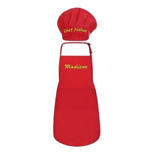 Personalized Apron with Hat for Men and Women - Custom Apron with Embroidered Name - Unisex Red Apron with Pockets for Kitchen Cooking Baking Restaurant BBQ Painting Crafting