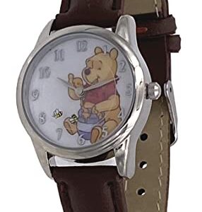 Disney WP5012 Winnie The Pooh Rotating Bees Silver Tone Brown Leather Band Analog Watch