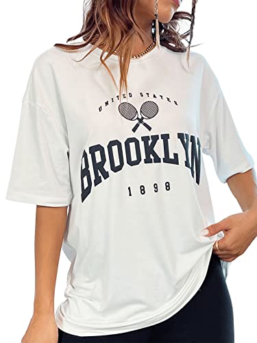 Verdusa Women's Casual Crewneck Short Sleeve Letter Graphic Drop Shoulder Oversized Tee T Shirt White S