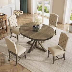 merax 5 piece kitchen dining table set, wood round dining table set with extendable table and 4 upholstered chairs for dining room and living room, functional furniture retro style (natural)