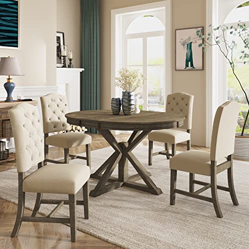 Merax 5 Piece Kitchen Dining Table Set, Wood Round Dining Table Set with Extendable Table and 4 Upholstered Chairs for Dining Room and Living Room, Functional Furniture Retro Style (Natural)