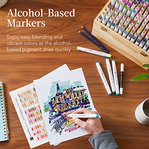 Best Choice Products Set of 168 Alcohol-Based Markers, Dual-Tipped Alcohol Markers for Adults, Double-Sided Art Kit w/Brush & Chisel Tip, Color Chart, Wood Carrying Case - Natural