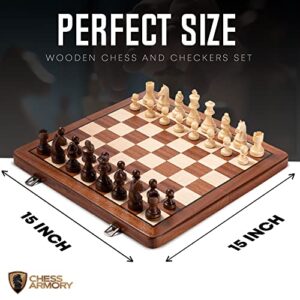 Chess Armory Premium Checkers and Chess Set - Wooden Board Game with a Portable Wood Case and Secure Storage for Pieces, Set for Kids and Adults (Sapele Wood)