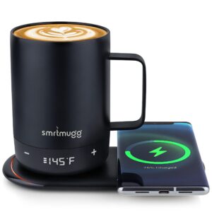 smrtmugg create heated coffee mug, large 14 oz, 5 hour battery life, precision temperature adjustment, battery powered heated coffee mug warmer, w/dual wireless charging pad phone charger (black)