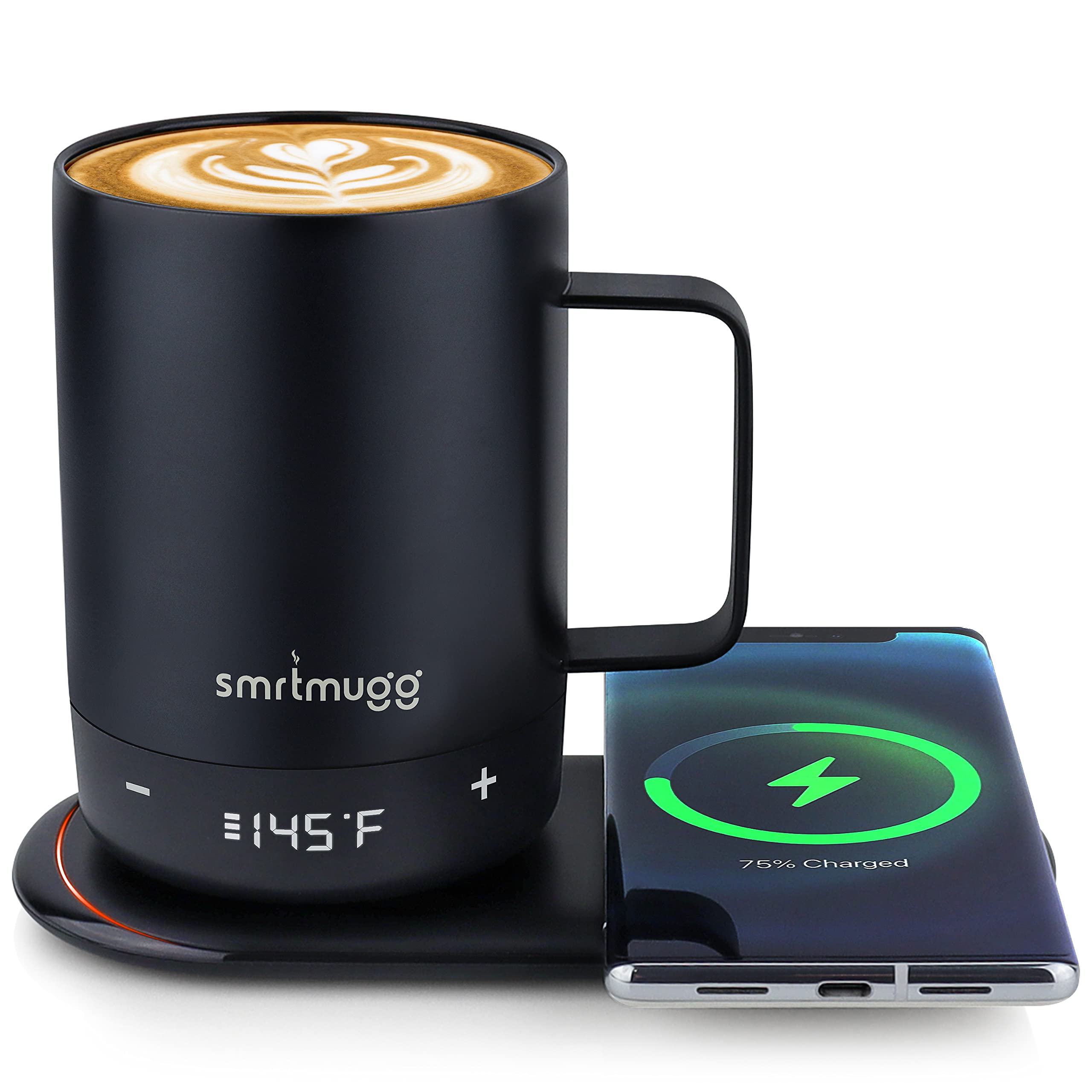 SMRTMUGG Create Heated Coffee Mug, Large 14 OZ, 5 Hour Battery Life, Precision Temperature Adjustment, Battery Powered Heated Coffee Mug Warmer, w/Dual Wireless Charging Pad Phone Charger (Black)