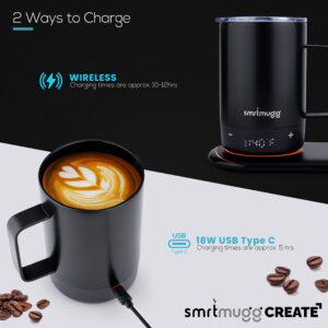 SMRTMUGG Create Heated Coffee Mug, Large 14 OZ, 5 Hour Battery Life, Precision Temperature Adjustment, Battery Powered Heated Coffee Mug Warmer, w/Dual Wireless Charging Pad Phone Charger (Black)