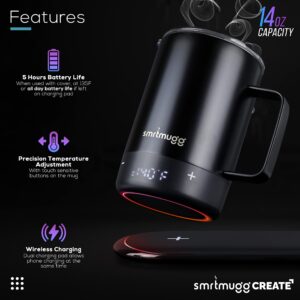 SMRTMUGG Create Heated Coffee Mug, Large 14 OZ, 5 Hour Battery Life, Precision Temperature Adjustment, Battery Powered Heated Coffee Mug Warmer, w/Dual Wireless Charging Pad Phone Charger (Black)