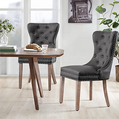 subrtex Dining Set Parsons Chairs, Large Set of 2, Tufted Leather/Grey