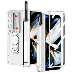 puroom for samsung galaxy z fold 3 case magnetic hinge coverage protective with s pen holder ring kickstand case, slide camera cover, front screen protector all-inclusive case (silver)