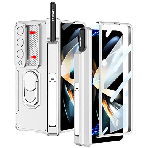 PUROOM for Samsung Galaxy Z Fold 3 Case Magnetic Hinge Coverage Protective with S Pen Holder Ring Kickstand Case, Slide Camera Cover, Front Screen Protector All-Inclusive Case (Silver)