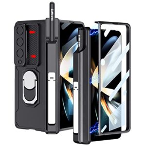 puroom for samsung galaxy z fold 3 case magnetic hinge coverage protective with s pen holder ring kickstand case, slide camera cover, front screen protector all-inclusive case (black)