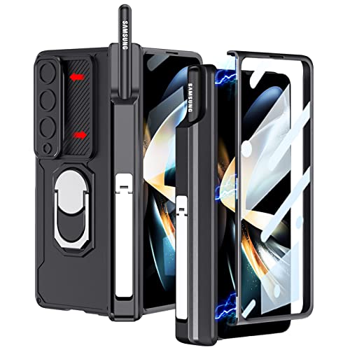 PUROOM for Samsung Galaxy Z Fold 3 Case Magnetic Hinge Coverage Protective with S Pen Holder Ring Kickstand Case, Slide Camera Cover, Front Screen Protector All-Inclusive Case (Black)