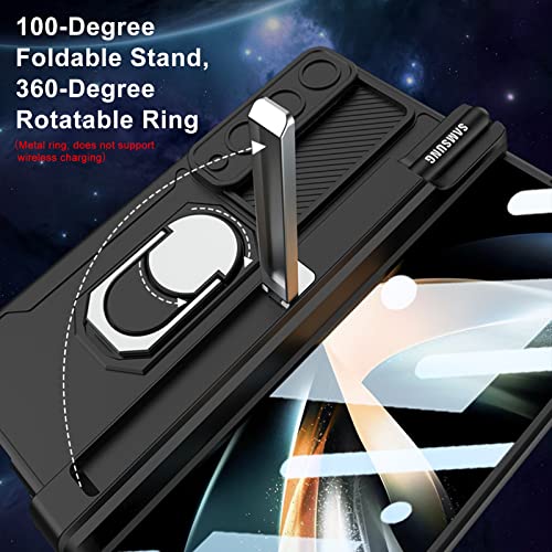 PUROOM for Samsung Galaxy Z Fold 3 Case Magnetic Hinge Coverage Protective with S Pen Holder Ring Kickstand Case, Slide Camera Cover, Front Screen Protector All-Inclusive Case (Black)