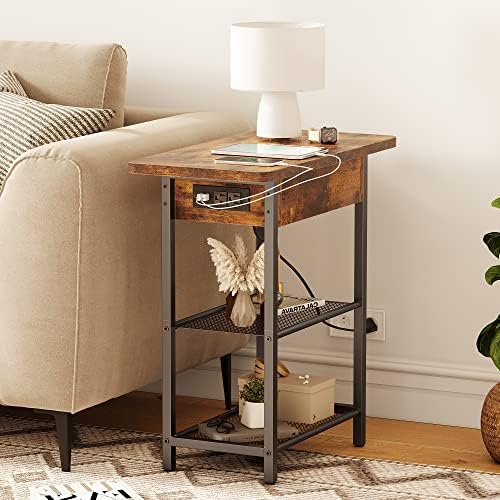 TILLMAO End Table with Charging Station,Narrow Side Table with Storage&2 USB Ports&2 Power Outlets,Flip Top Bedside Table/Night Stand/Sofa Side Table for Small Spaces,Living Room,Bedroom