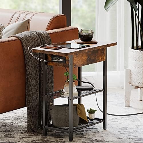 TILLMAO End Table with Charging Station,Narrow Side Table with Storage&2 USB Ports&2 Power Outlets,Flip Top Bedside Table/Night Stand/Sofa Side Table for Small Spaces,Living Room,Bedroom