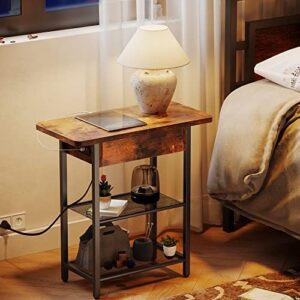 TILLMAO End Table with Charging Station,Narrow Side Table with Storage&2 USB Ports&2 Power Outlets,Flip Top Bedside Table/Night Stand/Sofa Side Table for Small Spaces,Living Room,Bedroom