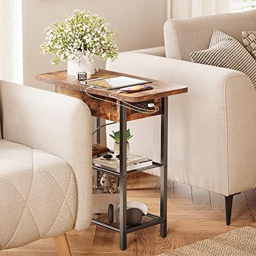 TILLMAO End Table with Charging Station,Narrow Side Table with Storage&2 USB Ports&2 Power Outlets,Flip Top Bedside Table/Night Stand/Sofa Side Table for Small Spaces,Living Room,Bedroom