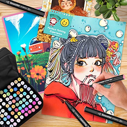 Soucolor Alcohol Markers 80 Colors with Case & Holders, Dual Tips Chisel & Fine Art Markers for Adult Coloring Kids Drawing, Artist Markers Art Supplies for Blending Sketching, Art Set Marker Pens Kit