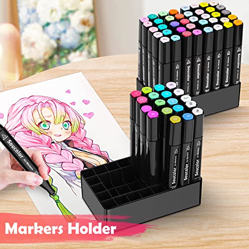 Soucolor Alcohol Markers 80 Colors with Case & Holders, Dual Tips Chisel & Fine Art Markers for Adult Coloring Kids Drawing, Artist Markers Art Supplies for Blending Sketching, Art Set Marker Pens Kit