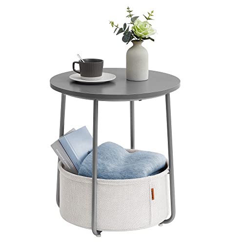 VASAGLE Small Round Side End Table, Modern Nightstand with Fabric Basket, Dove Gray, Classic White