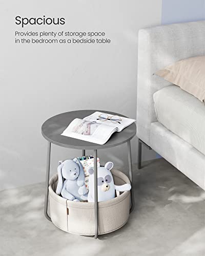 VASAGLE Small Round Side End Table, Modern Nightstand with Fabric Basket, Dove Gray, Classic White