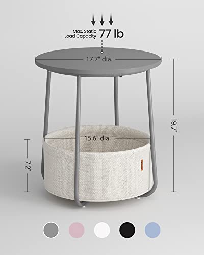 VASAGLE Small Round Side End Table, Modern Nightstand with Fabric Basket, Dove Gray, Classic White