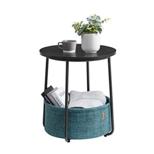 vasagle small round side end table, modern nightstand with fabric basket, classic black, dark turquoise