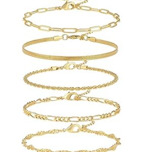 Reoxvo Dainty Gold Jewelry Bracelets for Women Trendy 14K Gold Plated Paperclip Cuban Link Chain Bracelets Set for Women Stackable