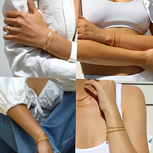 Reoxvo Dainty Gold Jewelry Bracelets for Women Trendy 14K Gold Plated Paperclip Cuban Link Chain Bracelets Set for Women Stackable