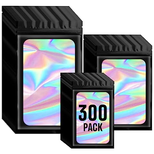 Funfery 300 Pack 3 Size Mylar Holographic Bags with Clear Window,Resealable Bags Smell Proof Bags Zipper Foil Bags Packaging Pouch for Food Storage,Sample,Small Business(Black,3x4.7,4x6,4.7x7.9in)